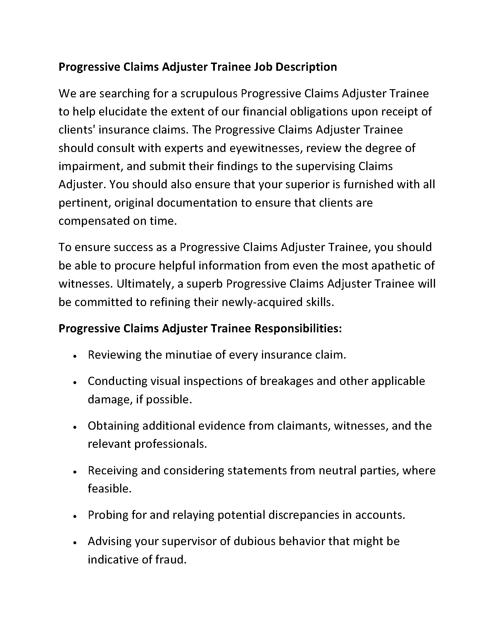Progressive Claims Adjuster Trainee Job Description
